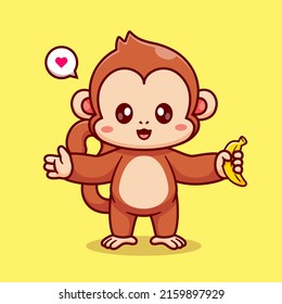 Cute Monkey Holding Banana Cartoon Vector Icon  Illustration. Animal Food Icon Concept Isolated Premium Vector. Flat Cartoon Style