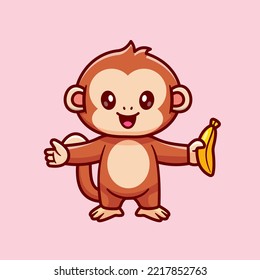 Cute Monkey Holding Banana Cartoon Vector Icon Illustration. Animal Food Icon Concept Isolated Premium Vector. Flat Cartoon Style