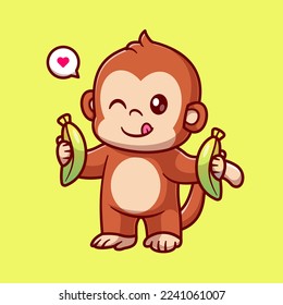 Cute Monkey Holding Banana Cartoon Vector Icon Illustration. Animal Nature Icon Concept Isolated Premium Vector. Flat Cartoon Style