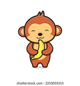 Cute monkey holding banana cartoon icon illustration. design isolated flat cartoon style