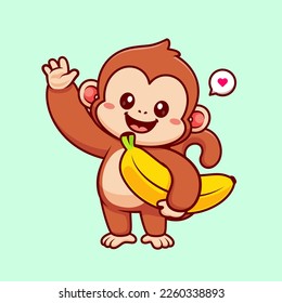 Cute Monkey Holding Banana Cartoon Vector Icon Illustration. Animal Food Icon Concept Isolated Premium Vector. Flat Cartoon Style