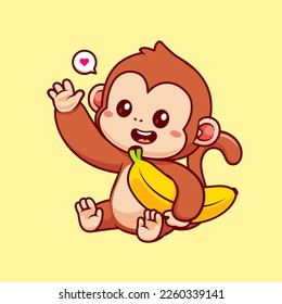 Cute Monkey Holding Banana Cartoon Vector Icon Illustration. Animal Food Icon Concept Isolated Premium Vector. Flat Cartoon Style