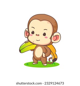 Cute monkey holding banana cartoon character. Adorable animal mascot concept design. Isolated white background. Flat Vector illustration