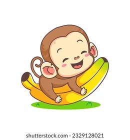 Cute monkey holding banana cartoon character. Adorable animal mascot concept design. Isolated white background. Flat Vector illustration
