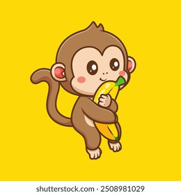 Cute Monkey Holding Banana Cartoon Vector Icon Illustration. Animal Food Icon Concept Isolated Premium Vector. Flat Cartoon Style