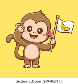 Cute Monkey Holding Banana Flag Cartoon Vector Icon Illustration. Animal Food Icon Concept Isolated Premium Vector. Flat Cartoon Style