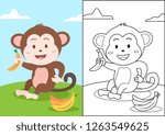 Cute monkey holding banana on the green land, kids coloring page