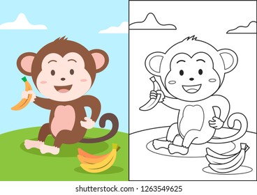 Cute monkey holding banana on the green land, kids coloring page
