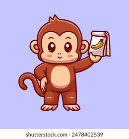 Cute Monkey Holding Banana Paper Bag Cartoon Vector Icon Illustration. Animal Nature Icon Concept Isolated Premium Vector. Flat Cartoon Style