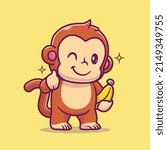 Cute Monkey Holding Banana With Thumb Up Cartoon Vector Icon Illustration. Animal Food Icon Concept Isolated Premium Vector. Flat Cartoon Style