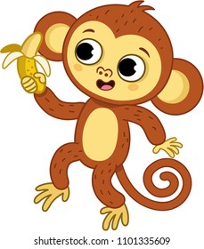 The cute monkey holding a banana. Vector illustration.