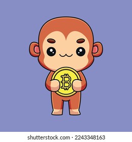 mono lindo sujetando bitcoin mascota de caricatura doodle dibujo a mano esquema vector kawaii ilustración de icono