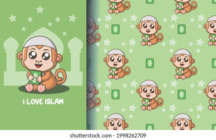 Un mono lindo sosteniendo un libro. vector premium de juego de patrones e ilustraciones