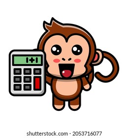 cute monkey holding calculator icon illustration vector graphic