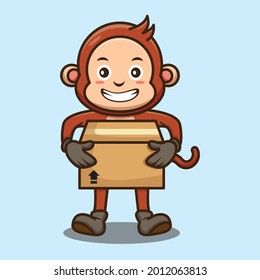 Diseño de la caja de cartón con soporte de mono. Ilustración de diseño Premium de caricatura de monos gratis
