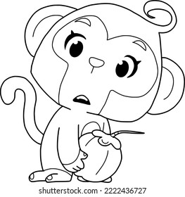 Cute monkey holding coconut outline coloring page 