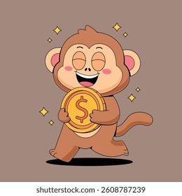 Cute Monkey holding dollar coin cartoon