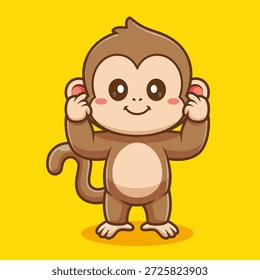 Mono lindo que sostiene la ilustración del icono del Vector de la historieta de las orejas. Icono de Naturaleza Animal Concepto Aislado Premium Vector. Estilo plano de la historieta