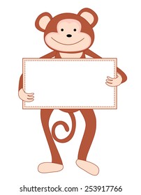 Cute monkey holding an empty notice board isolated on white background 