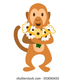 Cute monkey holding a flower bouquet