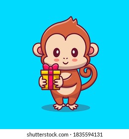 Cute Monkey Holding Gift Cartoon Vector Icon Illustration. Animal Gift Icon Concept Isolated Premium Vector. Flat Cartoon Style