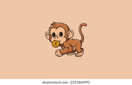 Cute monkey holding a gold coin with a dollar sign.