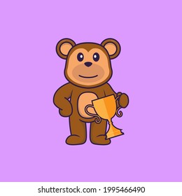 Cute monkey holding gold trophy. Animal cartoon concept isolated. Can used for t-shirt, greeting card, invitation card or mascot.