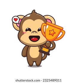cute monkey holding gold trophy cup cartoon vector illustration.