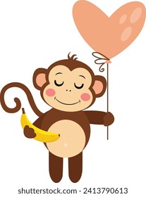 Cute monkey holding a heart balloon and a banana
