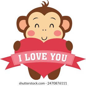 Cute monkey holding a heart i love you banner
