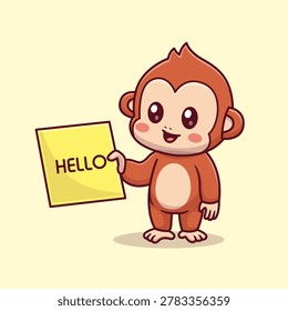 Cute Monkey Holding Hello Banner Cartoon Vector Icon Illustration. Animal Nature Icon Concept Isolated Premium Vector. Flat Cartoon Style