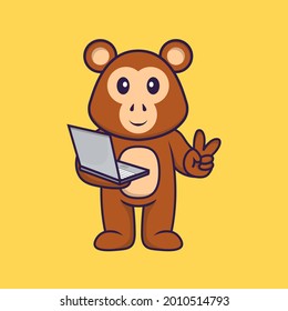 Cute monkey holding laptop. Animal cartoon concept isolated. Can used for t-shirt, greeting card, invitation card or mascot.