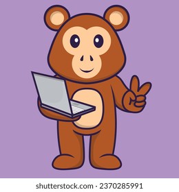 Cute monkey holding laptop. Animal cartoon concept isolated. Can used for t-shirt- greeting card- invitation card or mascot.