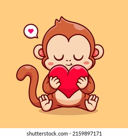 Cute Monkey Holding Love Heart Cartoon Vector Icon Illustration. Animal Nature Icon Concept Isolated Premium Vector. Flat Cartoon Style