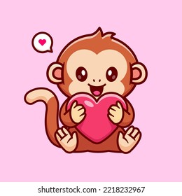 Cute Monkey Holding Love Heart Cartoon Vector Icon Illustration. Animal Nature Icon Concept Isolated Premium Vector. Flat Cartoon Style