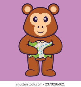 Cute monkey holding a map. Animal cartoon concept isolated. Can used for t-shirt- greeting card- invitation card or mascot.