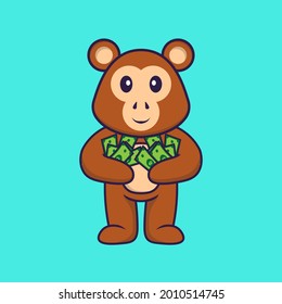 Cute monkey holding money. Animal cartoon concept isolated. Can used for t-shirt, greeting card, invitation card or mascot.