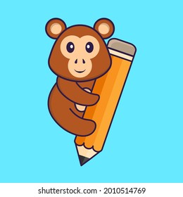 Cute monkey holding a pencil. Animal cartoon concept isolated. Can used for t-shirt, greeting card, invitation card or mascot.