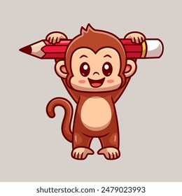 Cute Monkey Holding Pencil Cartoon Vector Icon Illustration. Animal Education Icon Concept Isolated Premium Vector. Flat Cartoon Style