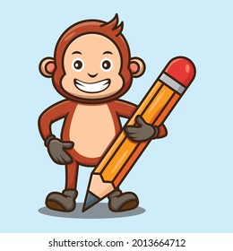 Cute Monkey Holding A Pencil Design Vector Illustration Character Cartoon