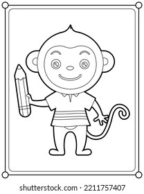 Cute monkey holding pencil suitable for children's coloring page vector illustration