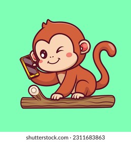 Ilustración De Icono Del Vector De Caricatura De Un Mono Cuto Con El Teléfono En El Árbol. Vector Premium Aislado De Icono De Tecnología Animal. Estilo de dibujo plano