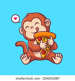 Cute Monkey Holding Pizza Cartoon Vector Icon Illustration. Animal Food Icon Concept Isolated Premium Vector. Flat Cartoon Style