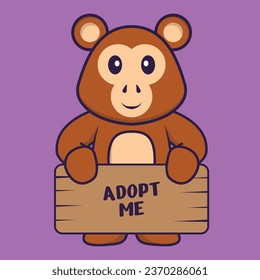 Cute monkey holding a poster Adopt me. Animal cartoon concept isolated. Can used for t-shirt- greeting card- invitation card or mascot.