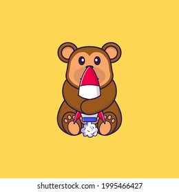 Cute monkey holding a rocket. Animal cartoon concept isolated. Can used for t-shirt, greeting card, invitation card or mascot.
