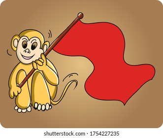 Cute monkey holding a sign icon.Vector illustration isolated on a brown background.