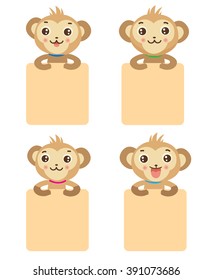 Cute monkey holding  sign. Set of monkey cute icons for design.  Cartoon vector monkey.