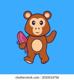 Cute monkey holding a skateboard. Animal cartoon concept isolated. Can used for t-shirt, greeting card, invitation card or mascot.