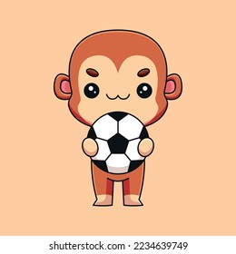 cute monkey holding soccer ball cartoon mascot doodle art hand drawn concept vector kawaii icon illustration