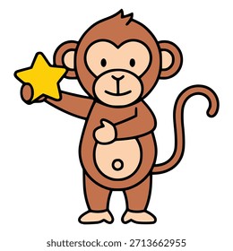 cute monkey holding star flat color vector illustration template design